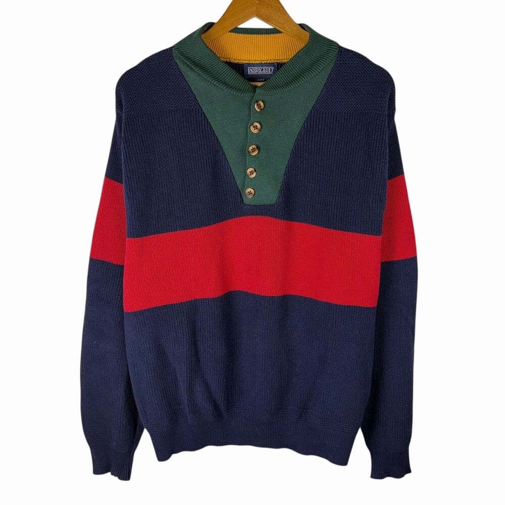 Vintage 90s Lands End Sweater Pullover Mens L Henley Rugby Colorblock Knit USA